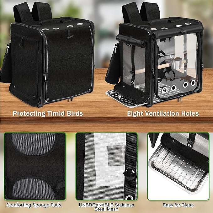 Suertree Bird Carrier with Seat Belt for Car Travel, Bird Backpack Carrier with Indestructible Stainless Steel Mesh, Large Bird Carrier Travel Cage, Black