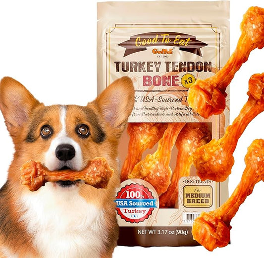 Gootoe Turkey Tendon Dog Treats  100% USA-Sourced, Natural Snack, Premium Training Chews, Hypoallergenic, Reseal Value Bags, Size for Medium Dogs, Bone (Medium) 3 Unit/Pack