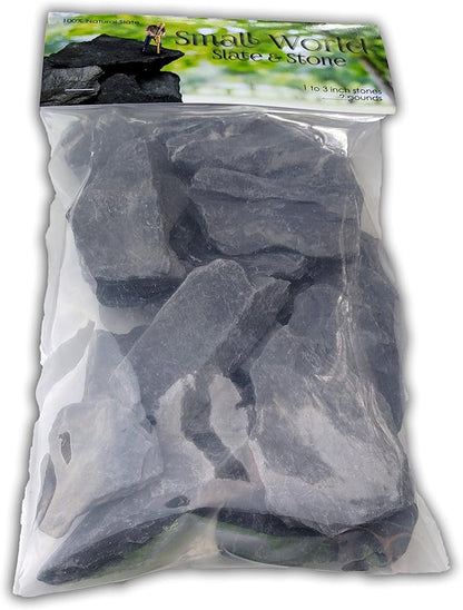 Natural Slate Stone 1 to 3 Inches - USA Sourced and Packaged for Aquascaping Aquariums, Terrariums, Paludariums, Reptile Enclosures, Wargaming, Models, Mosaic Art, Miniature Fairy Gardens (2lbs Grey)