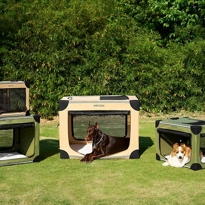 EHEYCIGA Collapsible Dog Crate 36 Inches, Portable Travel Crate for Large Dogs, Soft Foldable Pet Kennel with 4-Door Mesh Windows Indoor & Outdoor, Beige