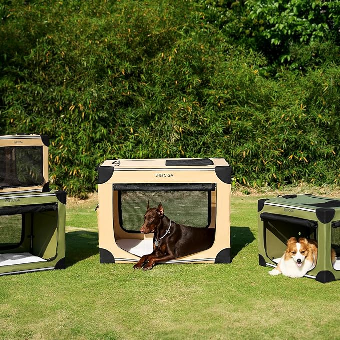 EHEYCIGA Collapsible Dog Crate 30 Inches, Portable Travel Crate for Medium Dogs, Soft Foldable Pet Kennel with 4-Door Mesh Windows Indoor & Outdoor, Beige