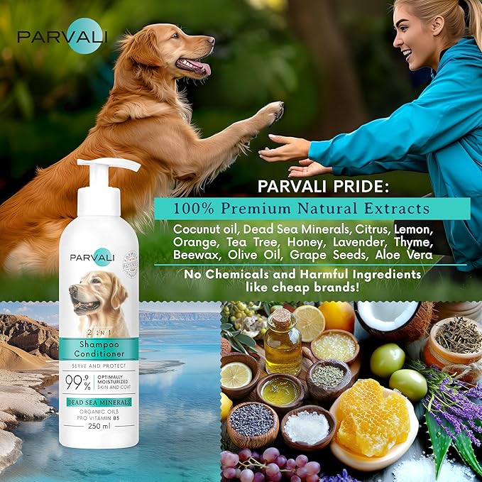 2 in 1 Natural Dead Sea Dog Shampoo & Conditioner (250 ml, 8.45 fl oz). Unique Odor-Neutralizing Blend. Minerals Rich, Anti-Oxidative, Antiseptic Formula for Gentle, Easy Application. Enjoy!