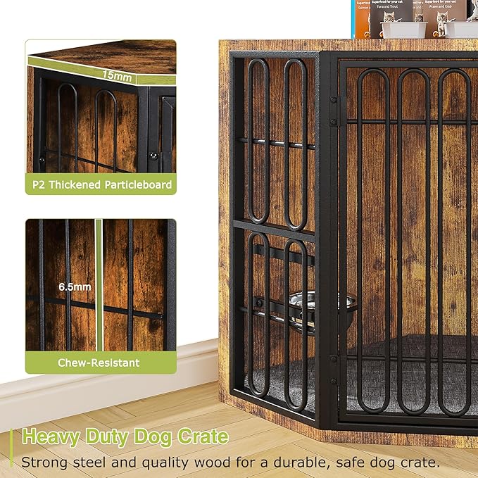 VECELO Corner Dog Crate Furniture, 43.3" Indoor Dog Kennel Indoor with Cushion & 2 Removable Trays, Wooden Dog Cage Decorative Pet House End Table for Large/Medium Dogs,Brown