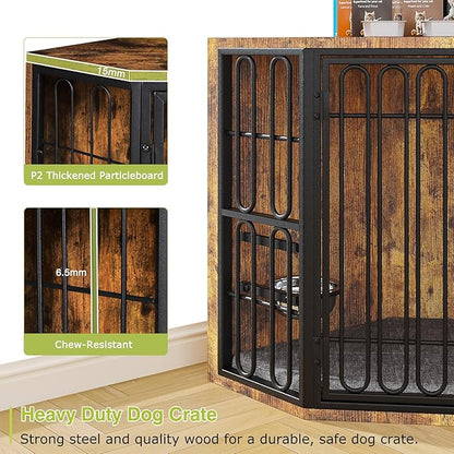 VECELO Corner Dog Crate Furniture, 43.3" Indoor Dog Kennel Indoor with Cushion & 2 Removable Trays, Wooden Dog Cage Decorative Pet House End Table for Large/Medium Dogs,Brown