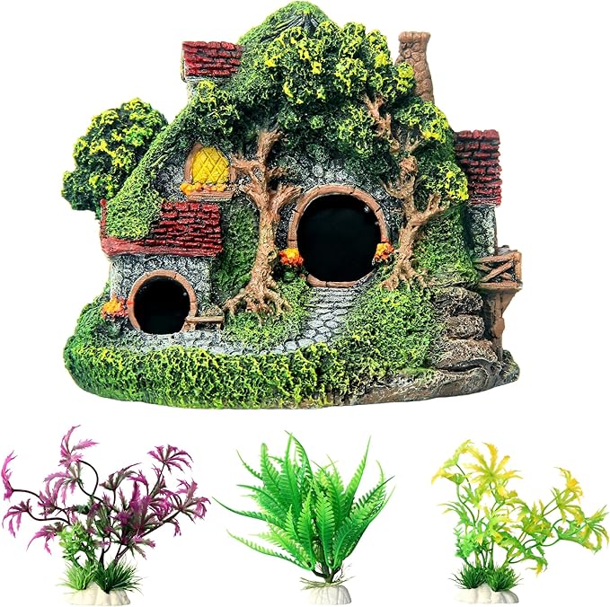 RVQIGYP[Magic Underwater Cabin Fish Tank Landscaping Hobbit House Decoration | Handmade Resin Material Waterproof and Anti-Fading | Fairy Tale Style Aquarium Landscaping Give Away Water Plants