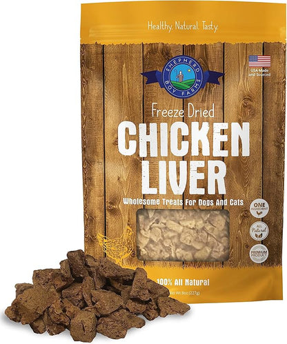 Freeze Dried Dog and Cat Treats, Chicken Liver, All Natural Single Ingredient Freeze-Dried Dog Treat & Dog Snacks, Made in USA, High Protein, Essential Nutrition Raw Dog Food, 8oz