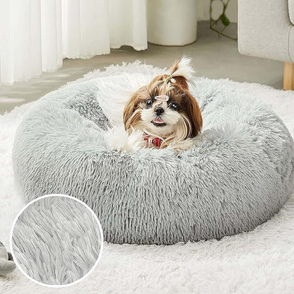 2021 Upgraded Western Home Round Dog Bed for Small Dogs, Calming Donut Cuddler Pet Bed,Fluffy Plush Faux Fur Cat Bed(24", Grey)