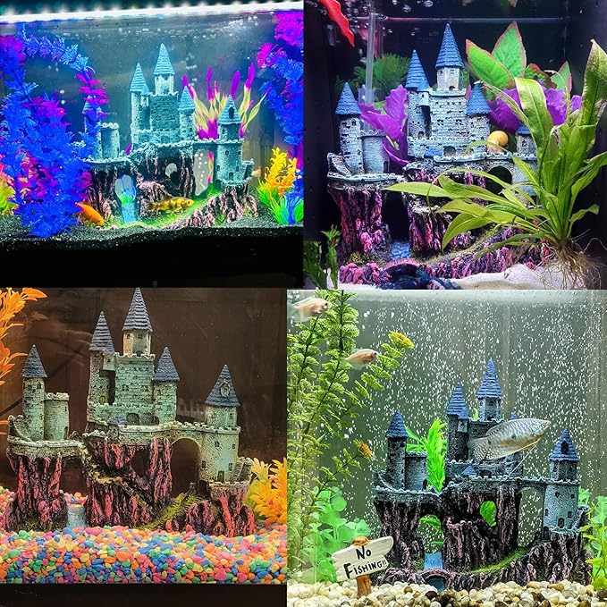 Aquarium Castle Decor, Resin Castle for Fish Tank with Randomly Color Plants Decorations Accessories for Freshwater and Saltwater Fish Tanks