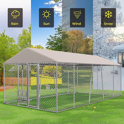 10 x 20FT Large Outdoor Dog Kennel with Bowls, Dog Kennel Outside with Waterproof Cover Roof, Galvanized Heavy Duty Chain Link Dog Runs Cage Playpen for Outside with Secure Lock