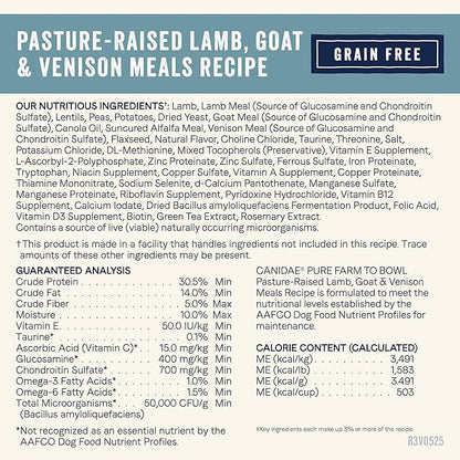 Canidae Pure Farm to Bowl Pasture-Raised Lamb with Goat & Venison Meals, Adult, Grain-Free Dry Dog Food, 22lb