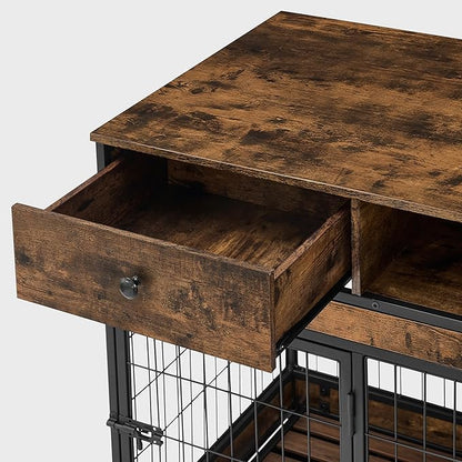 NicBex Dog Crate Furniture Dog Cage with 2 Doors and Drawers, Dog Kennels for Inside Space, Wooden Dog Crate with Stable Frame for Medium and Small Dogs, Antique Brown