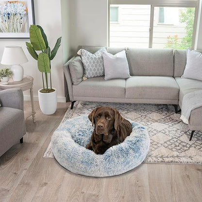 Best Friends by Sheri Original Calming Donut Dog and Cat Bed, Shag Faux Fur, Denim Blue, (36in x 36in) - Anxiety Relief for Pets Up to 100 lbs