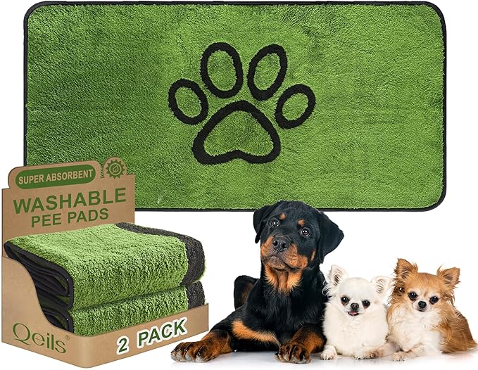 Qeils Washable Pee Pads for Dogs, 2 Pack Super Absorbent Reusable Puppy Pads with Green Long Wool for Potty Training, Floor, Couch, Bed, and Crate,24"x 48"