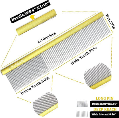 10inches Large Metal Dog Grooming Comb for Shedding Matted Hair for Large Dogs Metal Dog Comb with Long Wide Tooth for Poodles and Goldendoodles Reduce Tangles,Mats and Knots.(Gold)