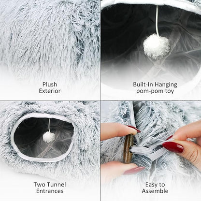 Cat Donut Bed with Washable Cushion – Cat Caves for Indoor Cats – Collapsible Donut Bed with Peekaboo Pet Tunnel Toy – Cozy Hideout for Kittens, Ferrets, Rabbits & Dogs - Grey