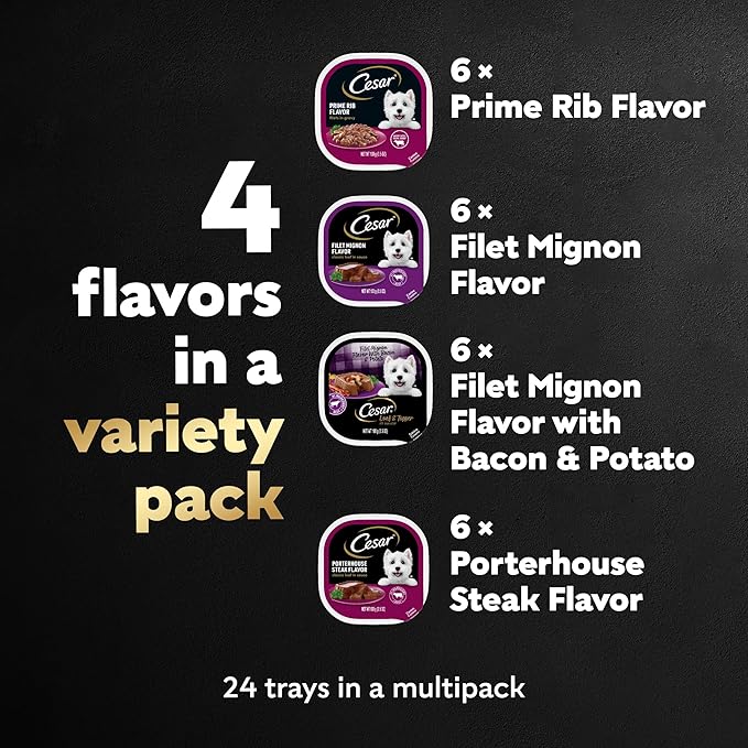 Cesar Wet Dog Food Steak Lovers Variety Pack with Real Meat, 3.5 oz. Trays (24 Count, Pack of 1)