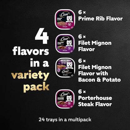 Cesar Wet Dog Food Steak Lovers Variety Pack with Real Meat, 3.5 oz. Trays (24 Count, Pack of 1)