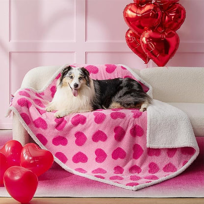 Lesure Waterproof Puppy Blanket for Large Dogs - Washable Double Sided Dog Blankets with Warm Jacquard Shag and Soft Sherpa Fleece, Pet Cat Blanket for Bed Couch Protection, Love Pattern Design，Pink