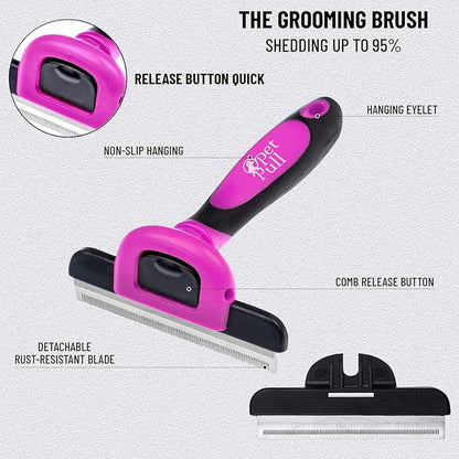Complete Professional Pet Grooming Kit with Pet Hair Removal Tool Brush Gloves, Self Cleaning Slicker Brush, and Pro Grooming Dog Brush Deshedder Comb to Reduce Shedding (Pink)