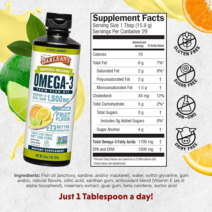 Barlean's Citrus Sorbet High Potency Omega 3 Fish Oil Liquid Supplement, 1500mg of EPA & DHA Fatty Acid, Smoothie Flavored & Burpless for Brain, Joint, & Heart Health, 16 oz