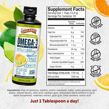 Barlean's Citrus Sorbet High Potency Omega 3 Fish Oil Liquid Supplement, 1500mg of EPA & DHA Fatty Acid, Smoothie Flavored & Burpless for Brain, Joint, & Heart Health, 16 oz