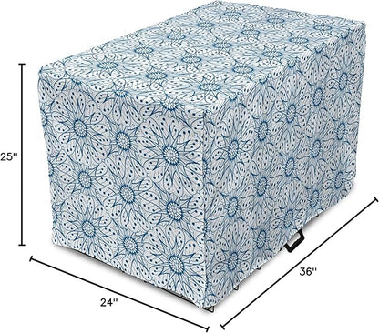 Ambesonne Blue and White Dog Crate Cover, Dutch Tile Design with Large Flowers and Detailed Petals Antique Ethnic, Easy to Use Pet Kennel Cover for Medium Large Dogs, 36 Inch, White Blue