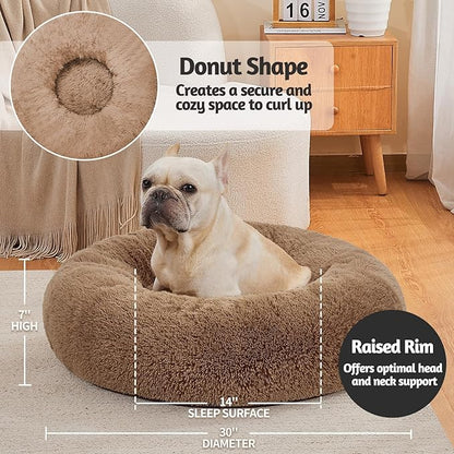 OhGeni Calming Donut Dog & Cat Bed Pillow, Machine Washable Plush Waterproof Zipper Cover, Anti-Slip Round Comfort Pet Bed, Pillow Design Cozy Warming Fluffy Fur Bed for Medium Dogs, Ocher, 30 inches