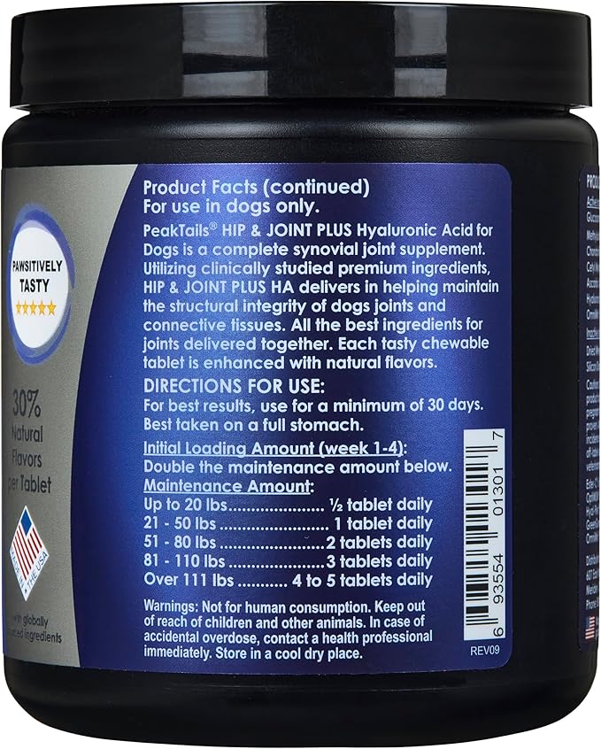 Kala Health PeakTails Hip & Joint Plus HA for Dogs  90 Tablets, Glucosamine, Chondroitin, OptiMSM, Vitamin C & Hyaluronic Acid  Supports Joint Mobility & Comfort