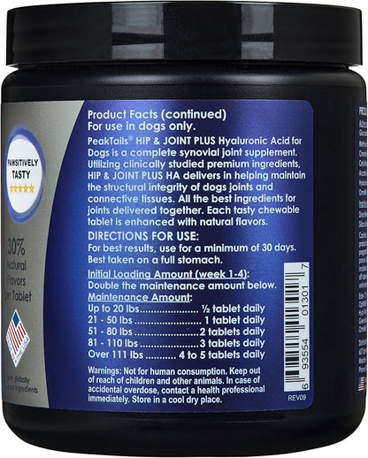 Kala Health PeakTails Hip & Joint Plus HA for Dogs  90 Tablets, Glucosamine, Chondroitin, OptiMSM, Vitamin C & Hyaluronic Acid  Supports Joint Mobility & Comfort
