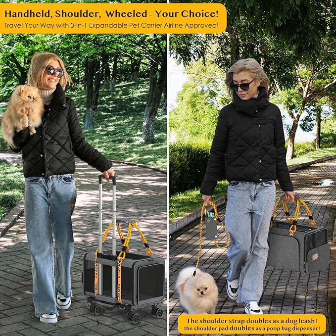 PAWZIDEA Pet Carrier with Wheels 18X11X11 TSA Airline Approved Cat Carrier for 2 Cats Rolling Dog Carrier Under Seat Rolling Cat Carrier Travel Bag with Telescopic Handle, Shoulder Strap as Dog Leash