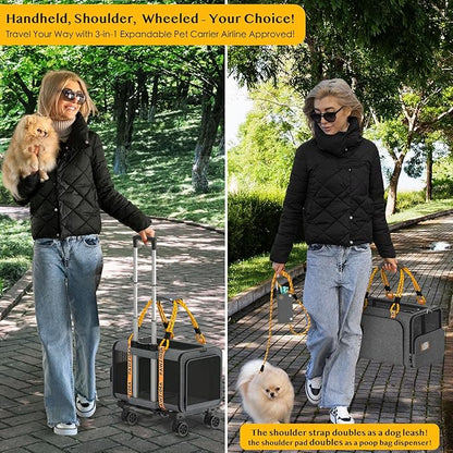 PAWZIDEA Pet Carrier with Wheels 18X11X11 TSA Airline Approved Cat Carrier for 2 Cats Rolling Dog Carrier Under Seat Rolling Cat Carrier Travel Bag with Telescopic Handle, Shoulder Strap as Dog Leash