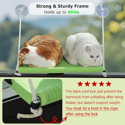 Cat Window Perch for Large Cats,Foldable Hammock with 4 Heavy Duty Suction Cups,Solid Metal Frame,Scratchable Felt Feline Bed for Sunbathing,Napping & Overlooking(Green)