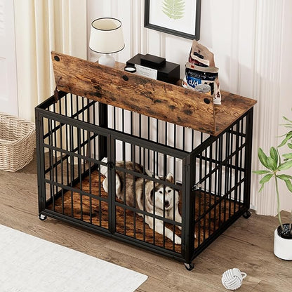 NicBex Dog Crate Furniture Dog Cage with Side Doors Opening, Dog Kennels for Inside Space, Wooden Dog Crate with Iron Doors and Lift Top for Medium and Small Dogs, Rustic Brown