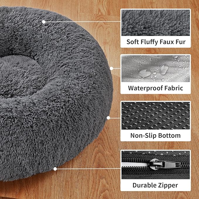 OhGeni Calming Donut Dog & Cat Bed Pillow, Machine Washable Plush Waterproof Zipper Cover, Anti-Slip Round Comfort Bed, Pillow Design Cozy Warming Fluffy Fur Bed for Medium Dogs, Gray, 30 inches