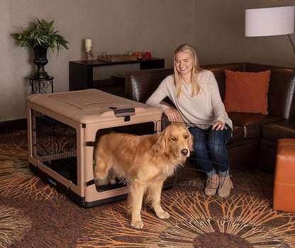 Pet Gear _he Other Door 4 Door Steel Crate for Dogs/Cats with Garage-Style Door, Includes Plush Bed + Travel Bag, No Tools Required, Beige