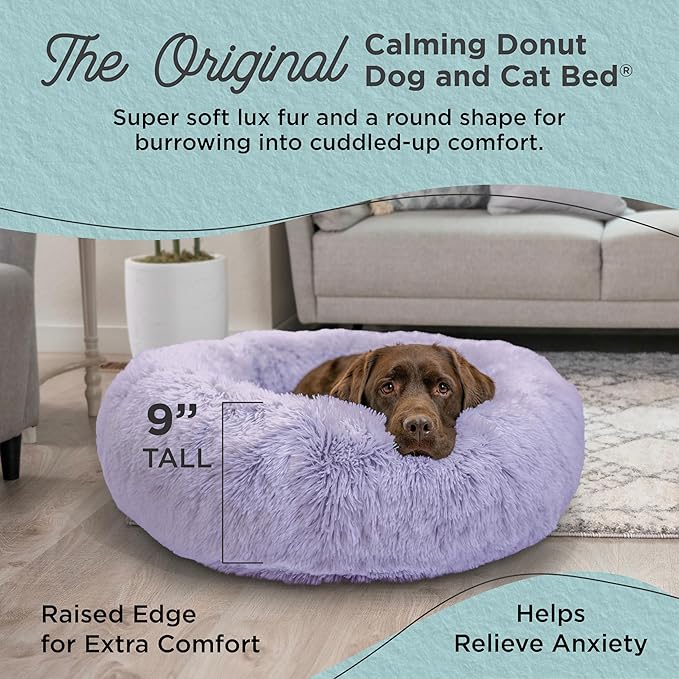 Best Friends by Sheri Original Calming Donut Dog and Cat Bed, Shag Faux Fur, Lavender, (36in x 36in) - Anxiety Relief for Pets Up to 100 lbs