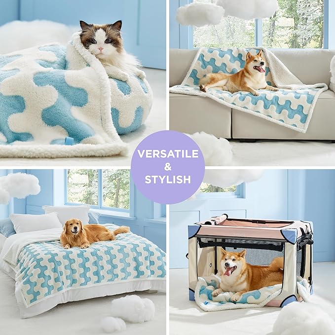 Lesure Waterproof Dog Blanket for Large Dogs - Washable Double Sided Dog Blankets with Warm Jacquard Shag and Soft Sherpa Fleece, Pet Cat Blanket for Bed Couch Protection, 3D Textured Wave, Blue