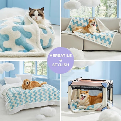 Lesure Waterproof Dog Blanket for Large Dogs - Washable Double Sided Dog Blankets with Warm Jacquard Shag and Soft Sherpa Fleece, Pet Cat Blanket for Bed Couch Protection, 3D Textured Wave, Blue