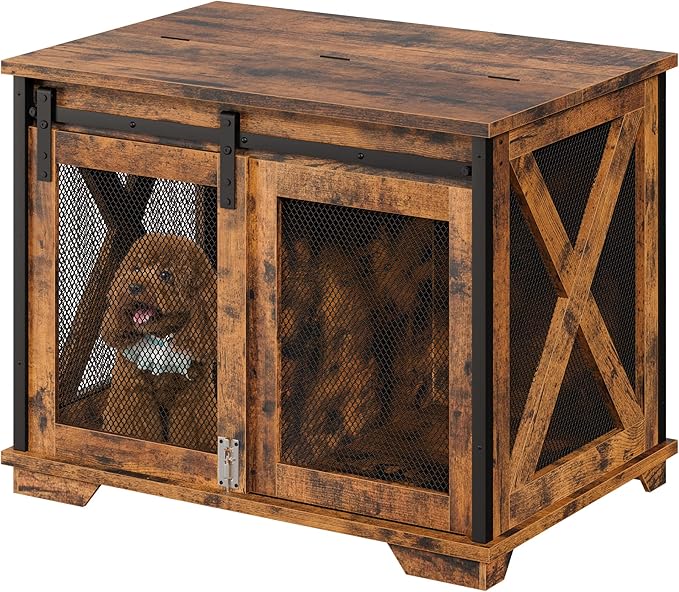 GAOMON Sliding Doors Dog Crate Furnitureï¼_ndoor Wooden Dog Crate Furniture with End Table and Flip-top Plateï¼_etachable Divider for Dog Kennel,Dog House, Rustic Brown