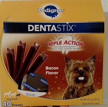 Dentastix Dog Treats for small / toy sized dog snacks / 40 count BIG box! Recommended 1x per day / Bacon flavor / Triple Action clean breathe for you small or toy sized dog. Did I mention BACON??!