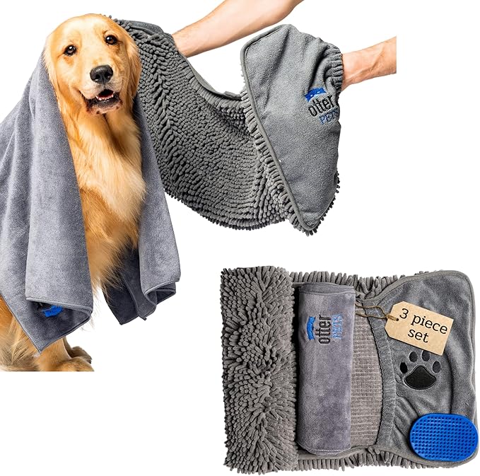 3 Piece Set: 2 Dog Towels and Dog Bath Brush. Dog Shammy and Microfiber Dog Towel. Super Absorbent Towels, Dog Bath Supplies, Dog Scrubber for Bath