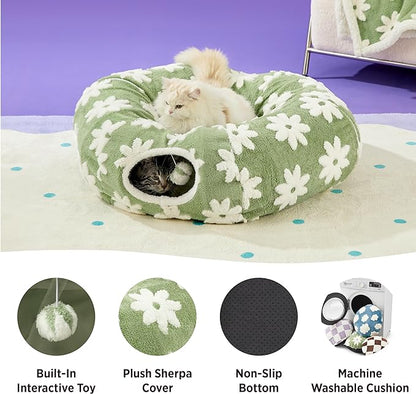 Lesure Cat Tunnel Bed for Indoor Cats - Cute Cat Donut Tunnel Toys for Small Large Cats with Washable Circle Cushion, Round Pet Peekaboo Cave Toy for Kitten/Puppy/Rabbit, Standard Green