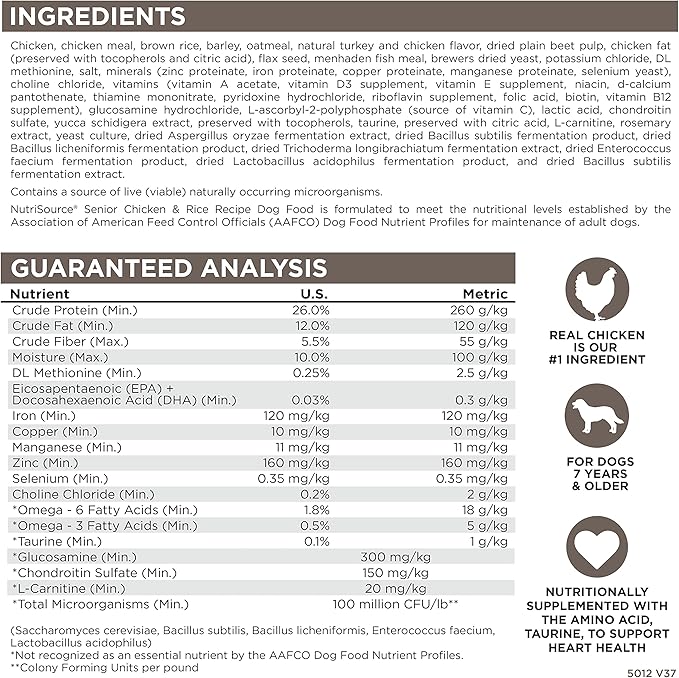 NutriSource Dry Dog Food for Seniors, Chicken and Rice, 26LB