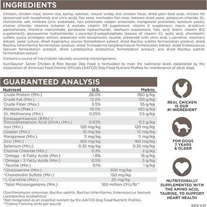 NutriSource Dry Dog Food for Seniors, Chicken and Rice, 26LB