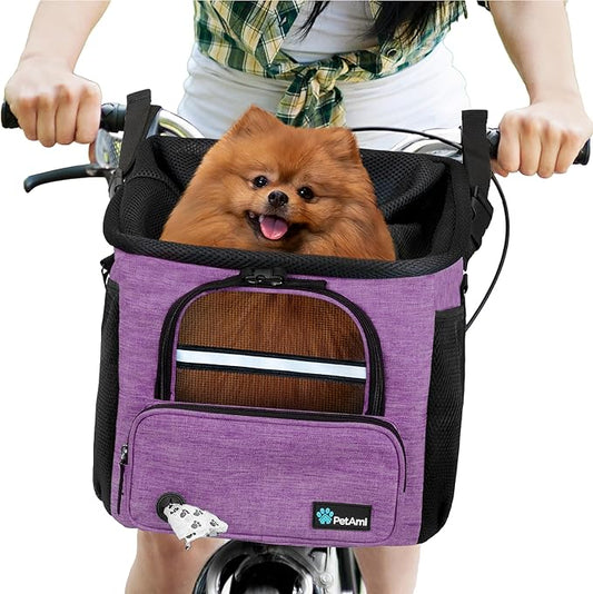 PetAmi Dog Bike Basket, Soft-Sided Ventilated Dog Bike Carrier Backpack, Dog Pet Bicycle Basket for Bike Handlebar, Small Medium Puppy Cat Kitten Car Booster Seat with Safety Strap
