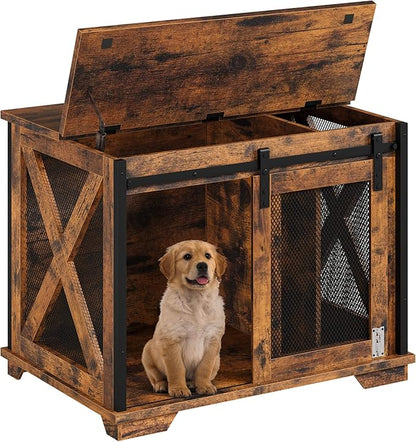 GAOMON Sliding Doors Dog Crate Furnitureï¼_ndoor Wooden Dog Crate Furniture with End Table and Flip-top Plateï¼_etachable Divider for Dog Kennel,Dog House, Rustic Brown