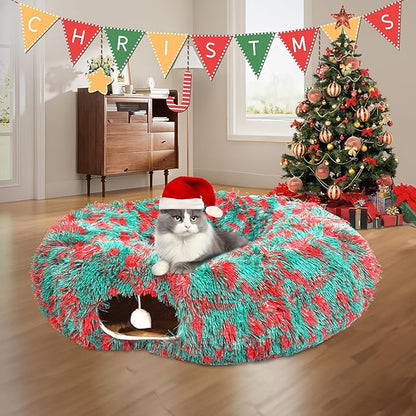 LUCKITTY Christmas Warm Fluffy Plush Cat Dog Tunnel Bed with Washable Cushion- Big Tube Playground Toys 3 FT Diameter Collapsible, for Indoor Cat Kitty Kitten Puppy Rabbit Ferret, Green-Red