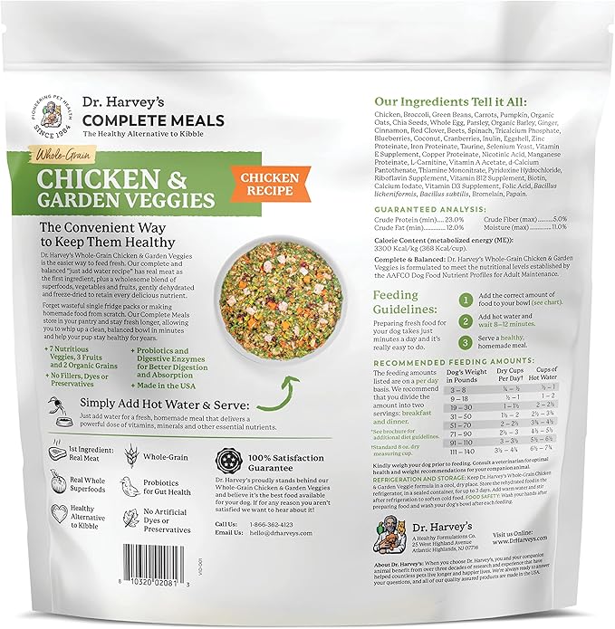 Dr. Harvey's Chicken & Garden Veggies Dog Food, Human Grade Whole-Grain Dehydrated Dog Food with Freeze-Dried Chicken (5 Pounds)