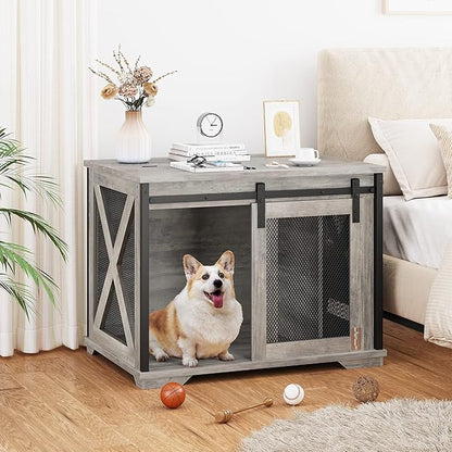 GAOMON Dog Crate Furniture with Slidings Doorsï¼_ooden Dog Kennel End Table with Flip-top Plate for Dogsï¼_ndoor Dog Crate Furniture with Detachable Divider for Medium Dogs, Dog House,Grey