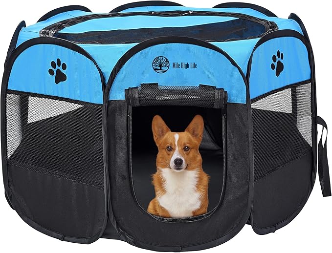 Mile High Life | Foldable Dog Playpen | Portable Dog Crate w Removable Shade Cover | Dog Kennel Indoor/Outdoor w Carry Case | Pen Tent for Dog/Cat/Rabbit(Blue+Black, Small (29"x29"x17"))